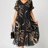 Airy Dress with Linear Designs and V Neckline
