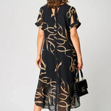 Airy Dress with Linear Designs and V Neckline