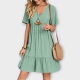 Boho Summer Dress with Pleats and Short Sleeves