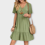 Boho Summer Dress with Pleats and Short Sleeves