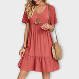 Boho Summer Dress with Pleats and Short Sleeves