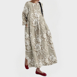 Elegant Maxi Linen Dress with Embroidered Floral Lace