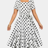 Retro Polka Dot Dress with Belt and Square Neckline